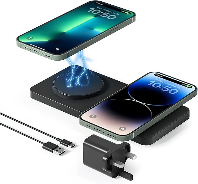 GEEKERA Wireless Charger, 2 in 1 Mag-Safe Charger [with 24W Adapter], Wireless Phone Charger Compatible with iPhone 14/13/12 Series, Fast Wireless Charging Pad for AirPods Pro 2/Pro/3/2