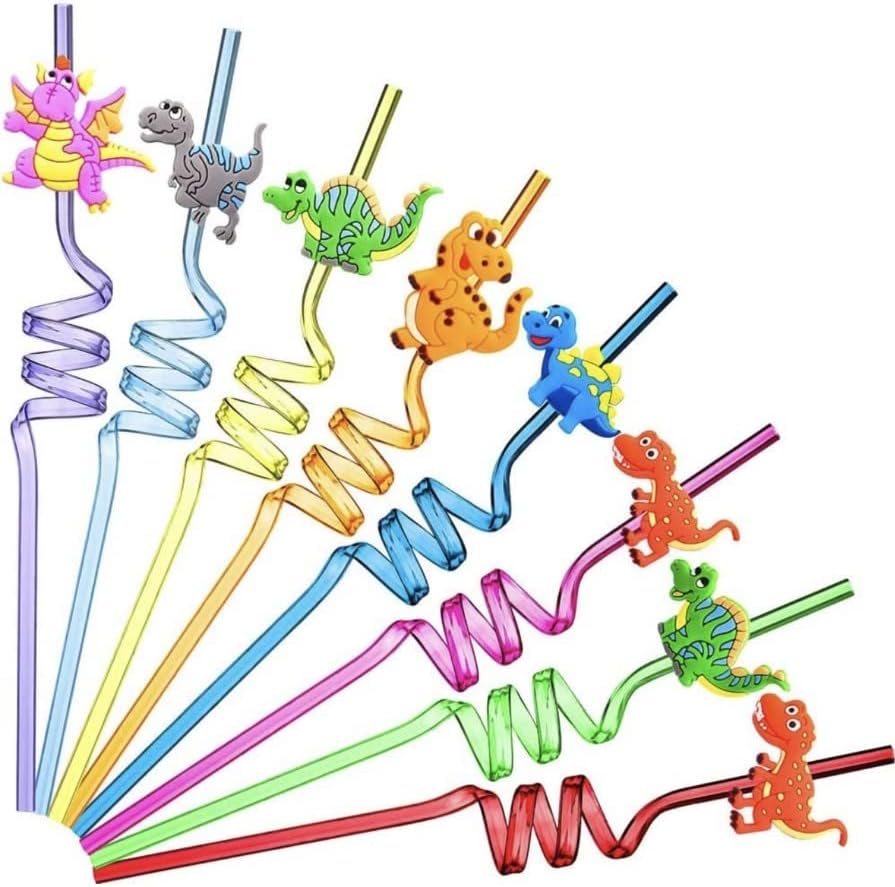 Reusable Dinosaur Straws - Plastic Drinking Straws for Dinosaur Themed Party Favors Birthday Party Decorations,8 Pack + 21 Free Dinosaur Temporary Tattoos + 1 Free Brush