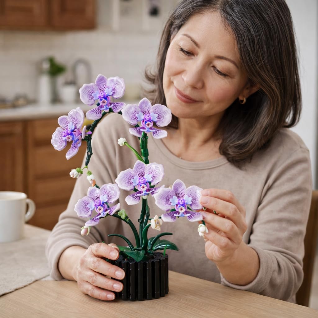 Purple Orchid Building Block Set with Vase 619 Pcs, Phalaenopsis Floral Model Kits, Compatible with Lego Flowers for Mother's Day, Anniversary, Birthday for Adults & Teens Ages14+