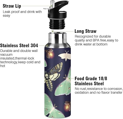 Miniatura 3 de Botella de agua con tapa con pajilla, de 20 onzas, de polilla lunar, reutilizable, aislada al vacío, de acero inoxidable, a prueba de fugas, sin BPA.