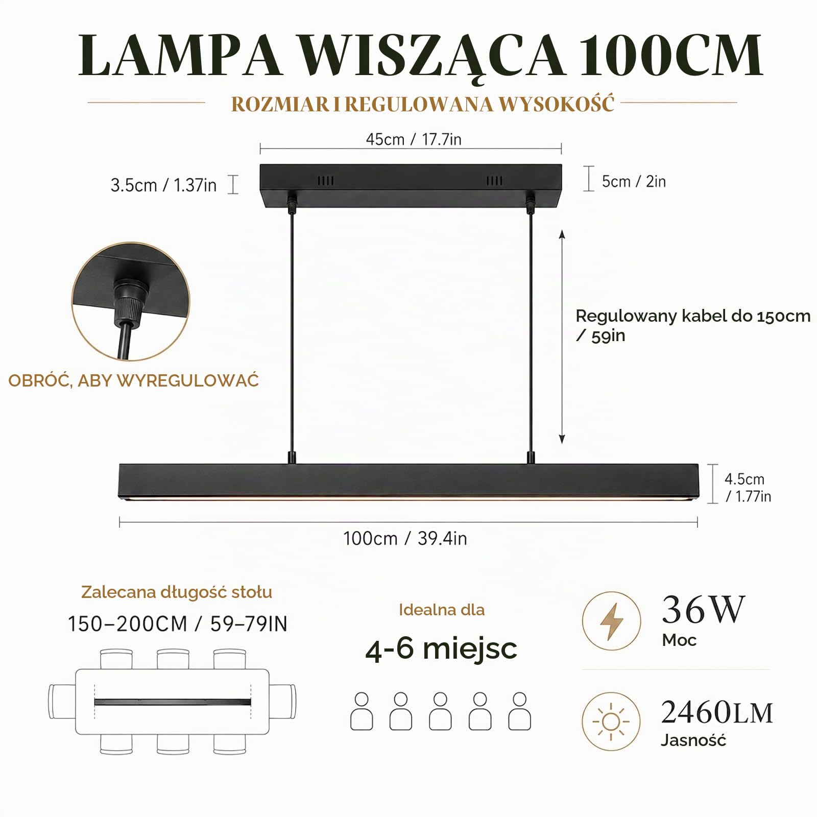 Lampa wisząca LED Jadalnia, Pilot & APP, Dekor Drewniany, Czarna, 100cm