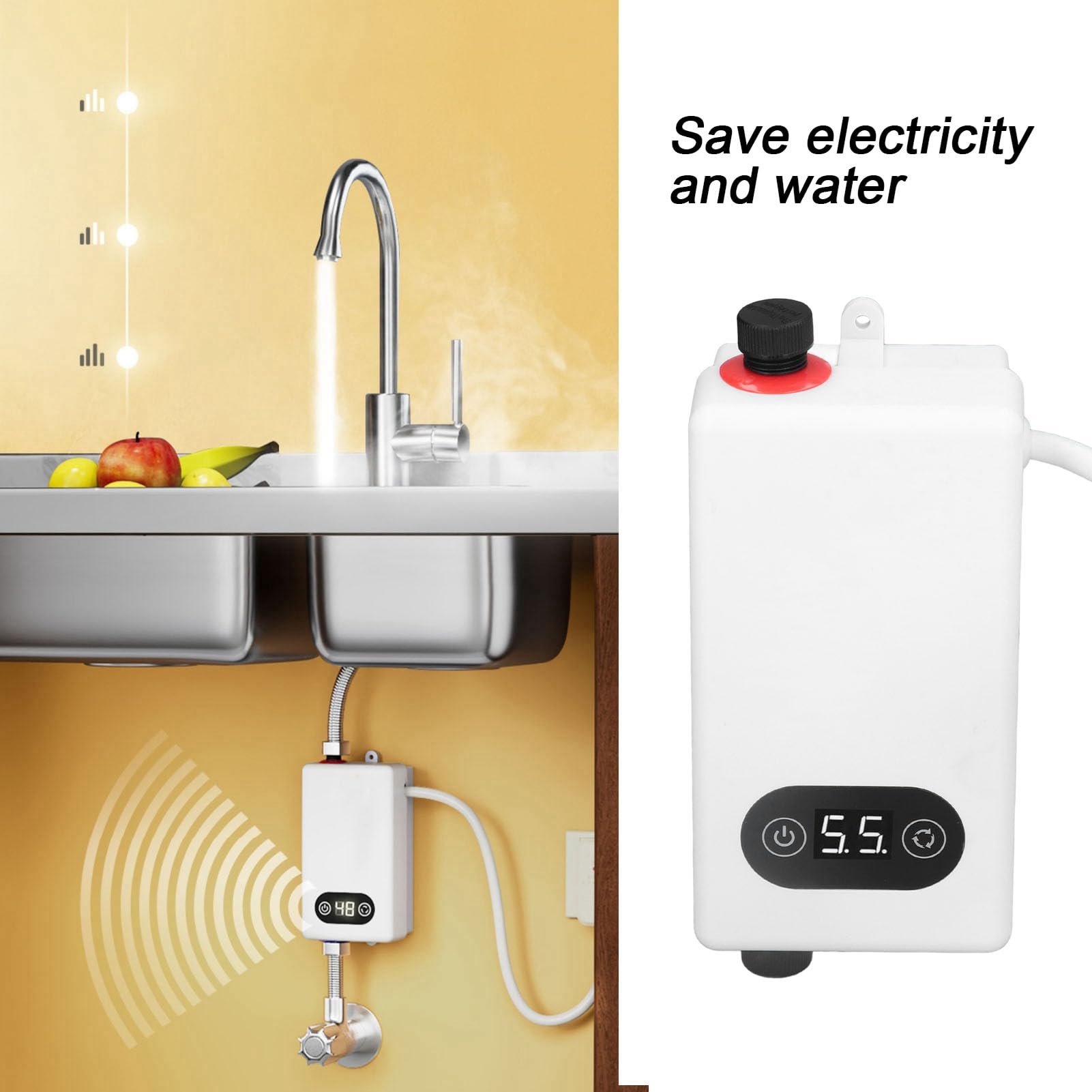 Cuifati Calentador de Agua Electrico Instantaneo 3400W sin Tanque, Termo | Calentador de agua eléctrico sin tanque, diseño compacto de ABS, con protección contra sobrecalentamiento para cocina y baño