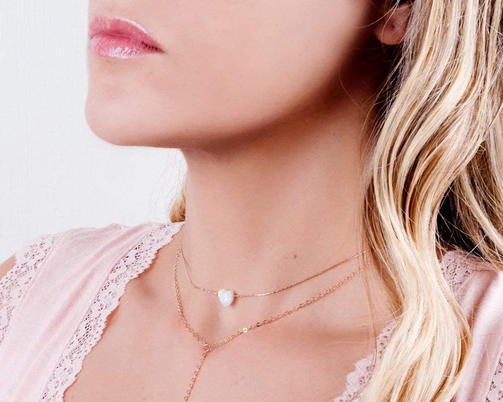 Opal Heart Choker Necklace - Gold Filled, Sterling Silver or Rose Gold, Dainty Short Necklace for Women, Blue, White or Pink Love Pendant 13.5"-16.5" - Image 4