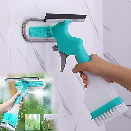 waqif 4-in-1 Scraper Brush Spray and Brush, Portable Multifunction Window Cleaner Tool with Squeegee and Plush Glass Brush, New Refillable Bottle Sprayer for Glass Ceramics Surface