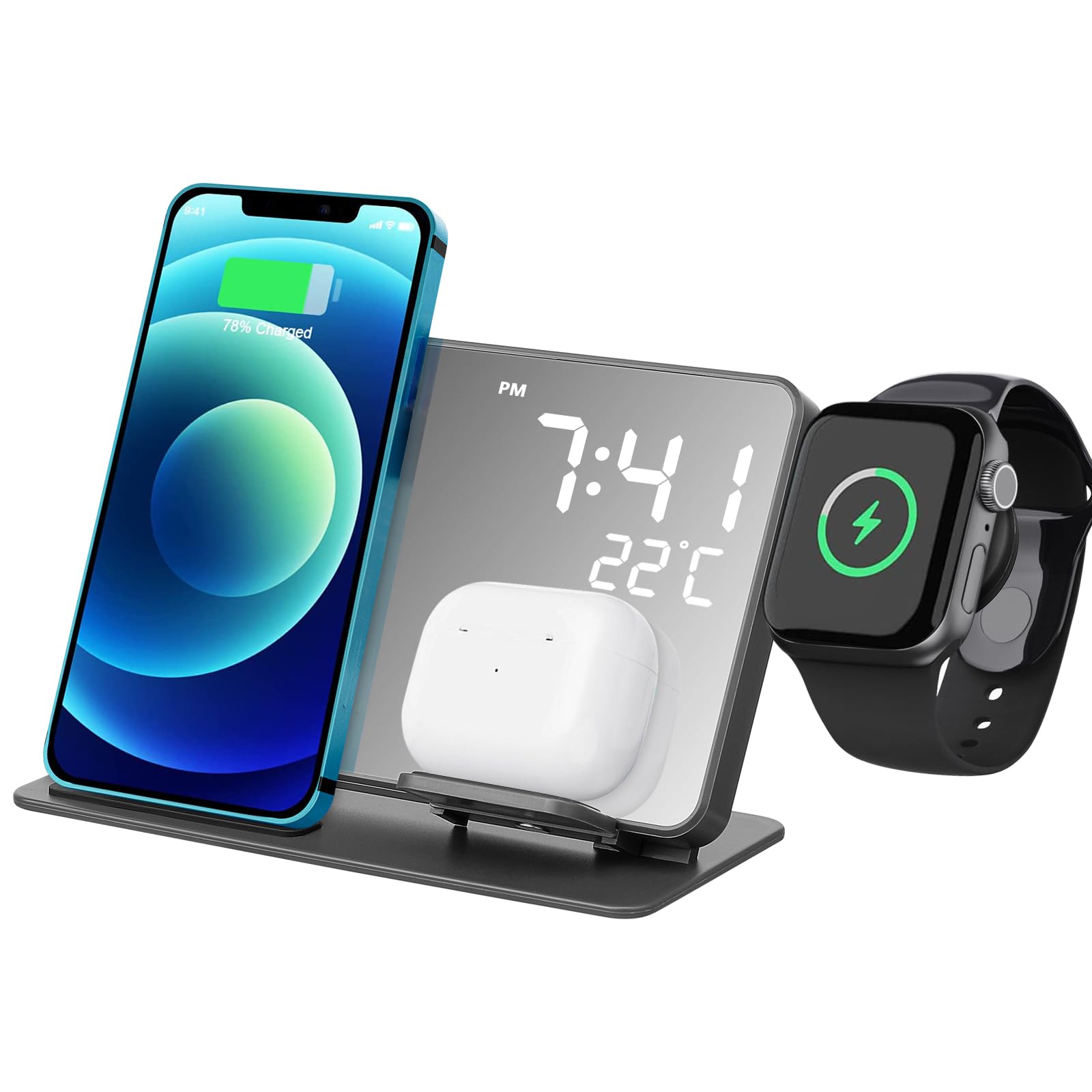 Station de Charge sans Fil Multifonction avec Réveil Numérique LED et Affichage Température Support Rapide Compatible pour Téléphone Montre Connectée et Écouteurs Bureau et Maison