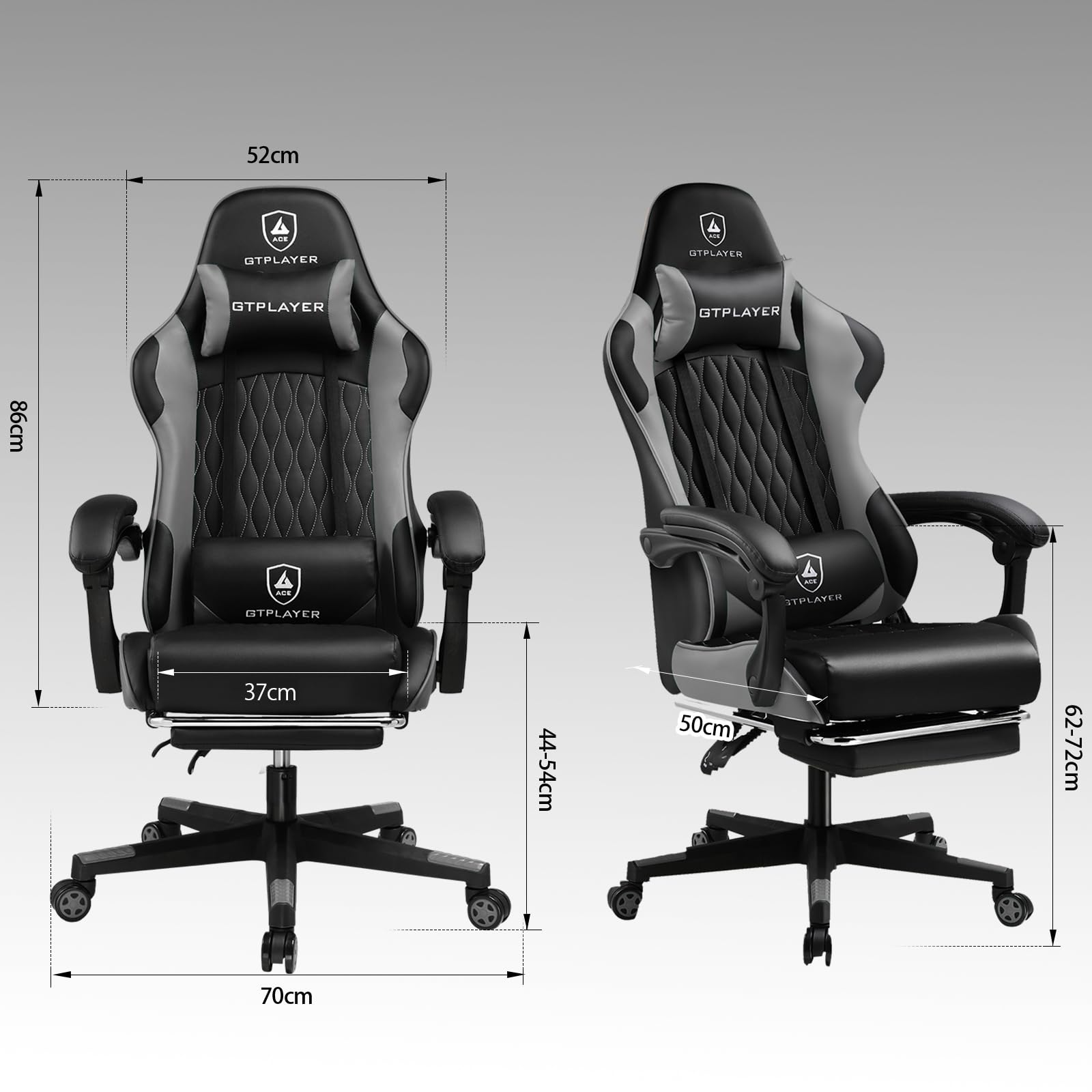 GTPLAYER Gaming Stuhl - Ergonomischer Bürosessel mit Verstellbarer Lordosen-/Kopfstütze & Fußstütze, 150 kg Belastbarkeit, Grau | Gaming Chair, PC Stuhl, Schreibtischstuhl