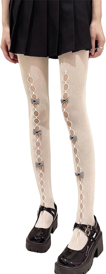 SOLILOQUY Womens Lolita Pattern Tights Kawaii Velvet Bowtie Fishnet Stockings Leggings Mesh Pantyhose Hollow Out lace Socks