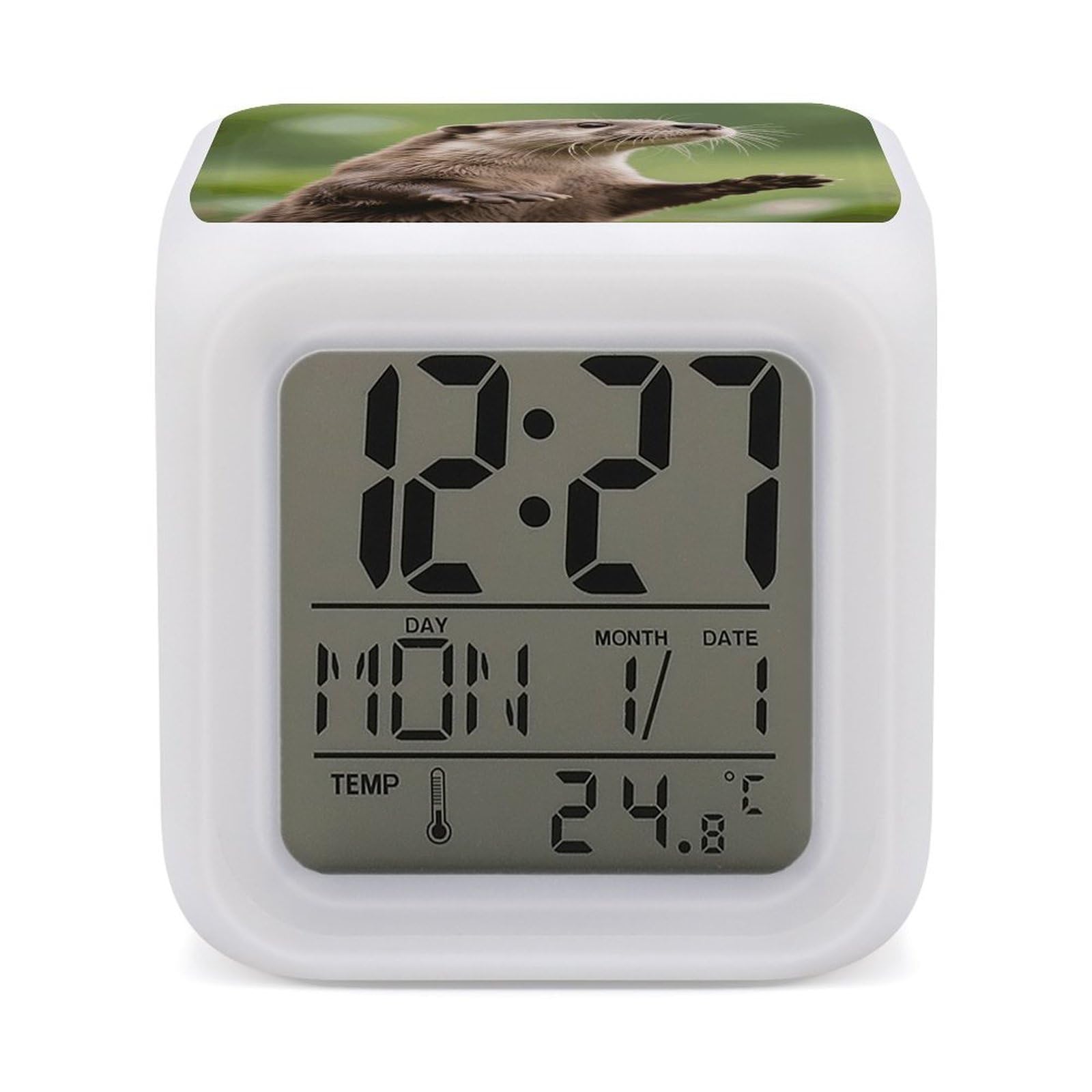 FodPand 7 Color Ambient Night Light Cube Battery Operated Clawed Otter Digital Clock with Snooze Temperature LED Digital Alarm Clocks Dimmable Wake Up Light Portable Mood Lamp for Bedroom Desk Gift