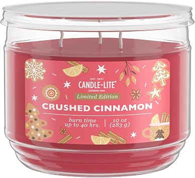 Candle-lite Holiday Scented Candles, Blend of Cinnamon with Nutmeg and Clove, 10 oz 3-Wick Jar Candle, Proudly Poured in USA, Christmas Home Decor, 40 Hours of Burn Time, Holiday Gift for Men & Women