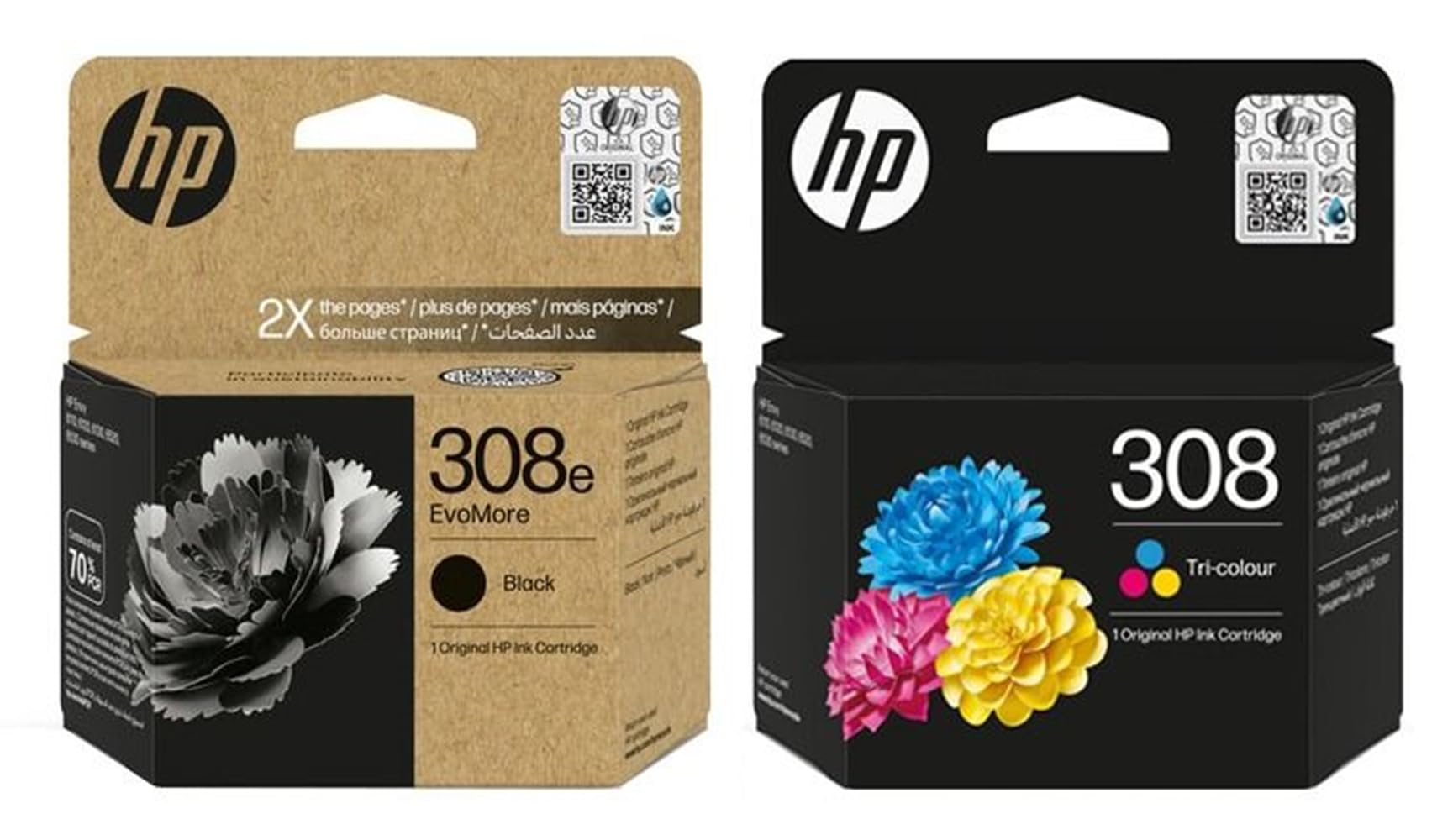HP 308e (XL) Schwarz & 308 Farbe Original Tintenpatronen - 2 Stück