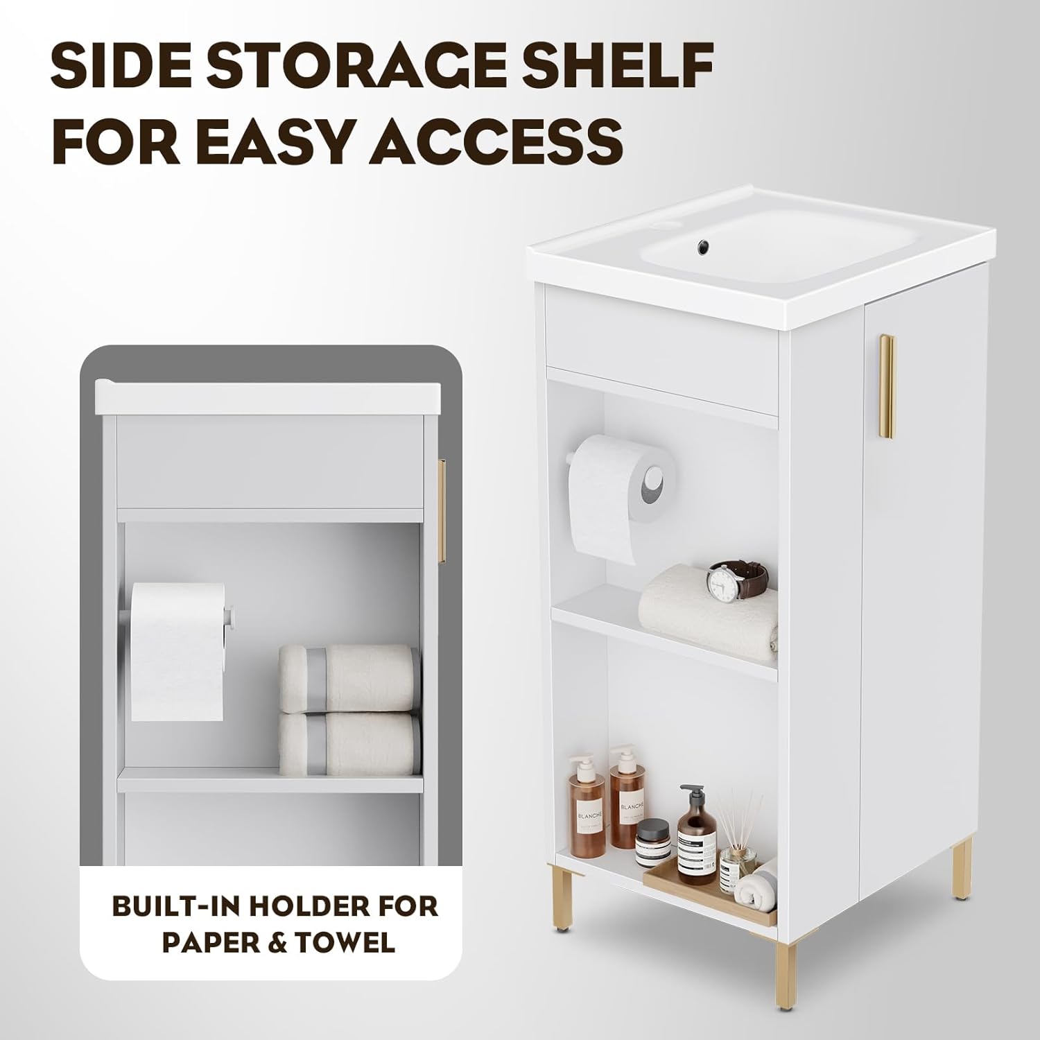 phiestina 16 Inch White Pre-Assembled Bathroom Vanity Fit for Small Space, Bathroom Vanity with Ceramic Sink,Soft Close Door, Left Side Storage,Compact Modern Design,No Faucet,BV05-16-WHITE-PLUS-0128