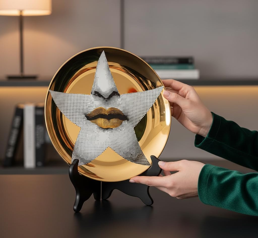 Gold Finish Bone China Decorative Plate, Surreal Lips Wall Decor, 8-Inch Art Display with Stand and Wall Mount image 4