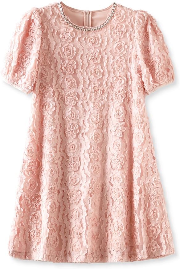 JSEIAJB Nail Diamond Round Neck 3D Plate Flower Loose Covering Meat and Slimming Dress