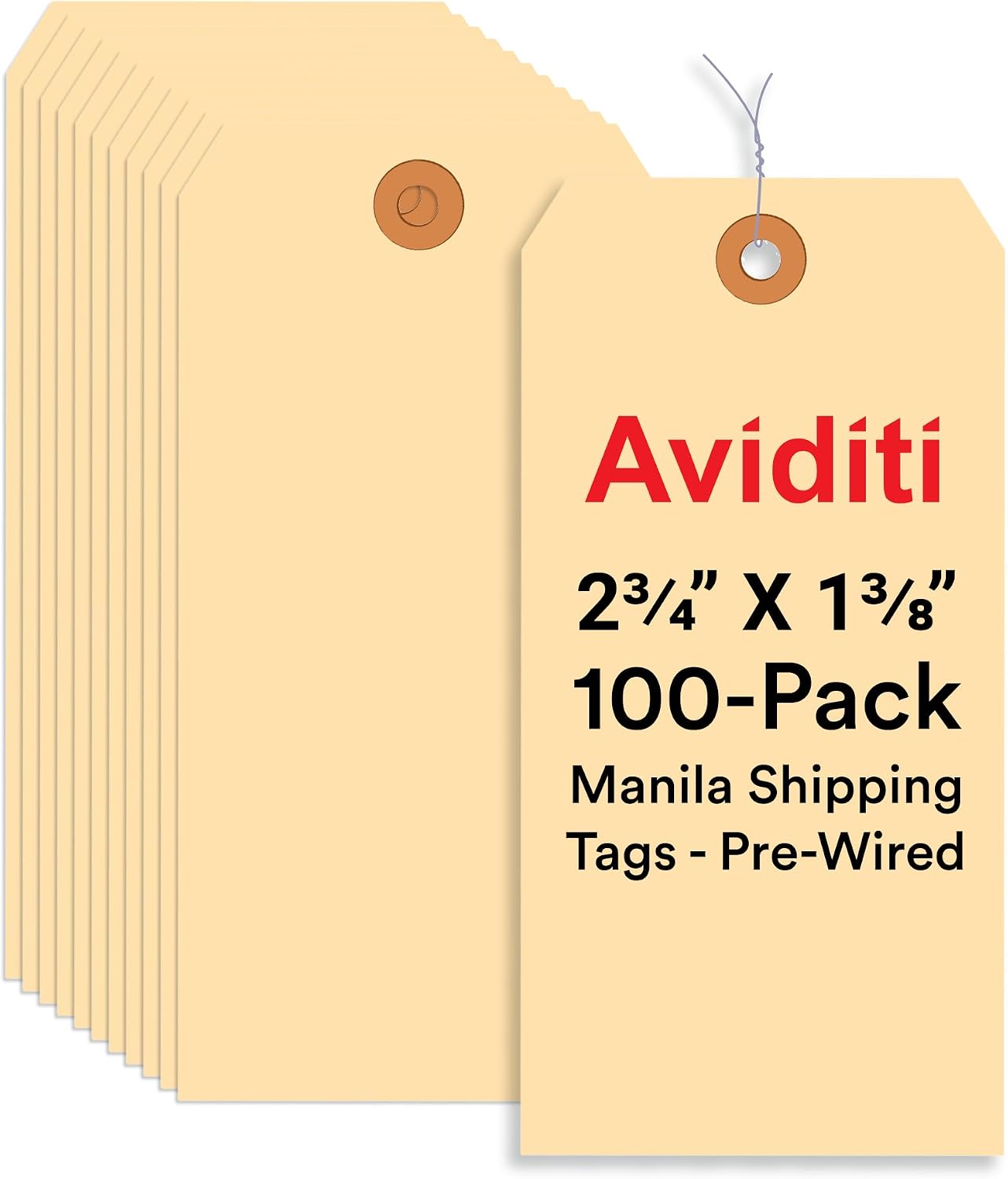 AVIDITI Pre-Wired 6 ¼” x 3 ⅛” Manila Shipping Tags (100-Pack) | Paper Hang Tags Made from Durable 13pt. Cardstock with a Reinforced Eyelet