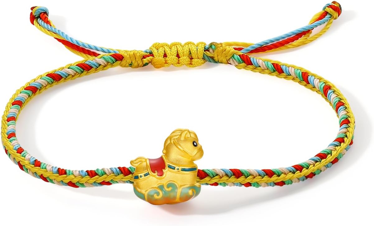 24K Solid Gold Horse Bracelets Real Gold Zodiac Colorful Braided Bracelet Dainty Jewelry for Women Her Couple Daughter New Year Anniversary Birthday 6.3-8.7"(16+6cm)