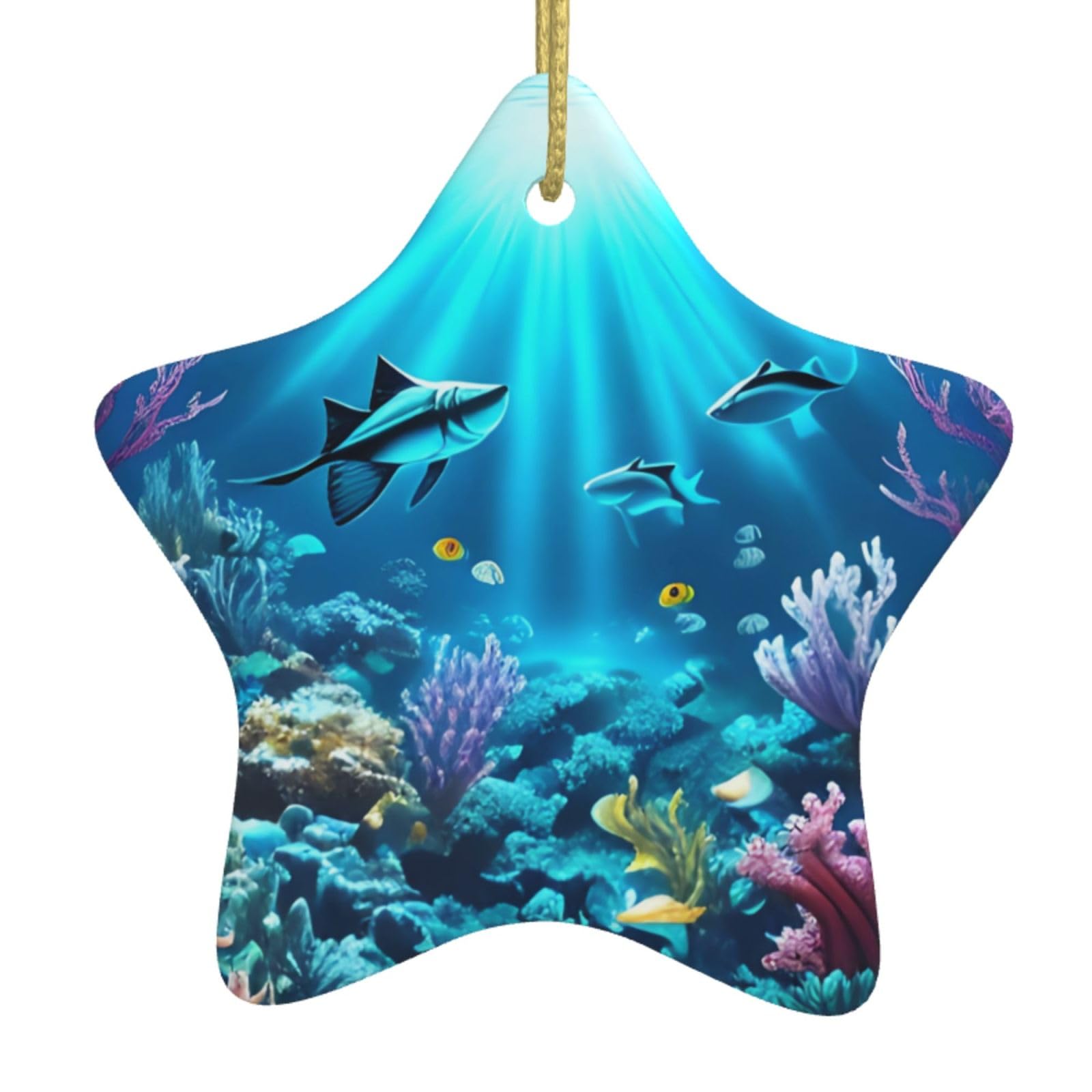 Submarine Coral Rays Christmas Ceramic Star Pendant with Punched Holes and Gold Wire Rope, Christmas Tree Home Decoration