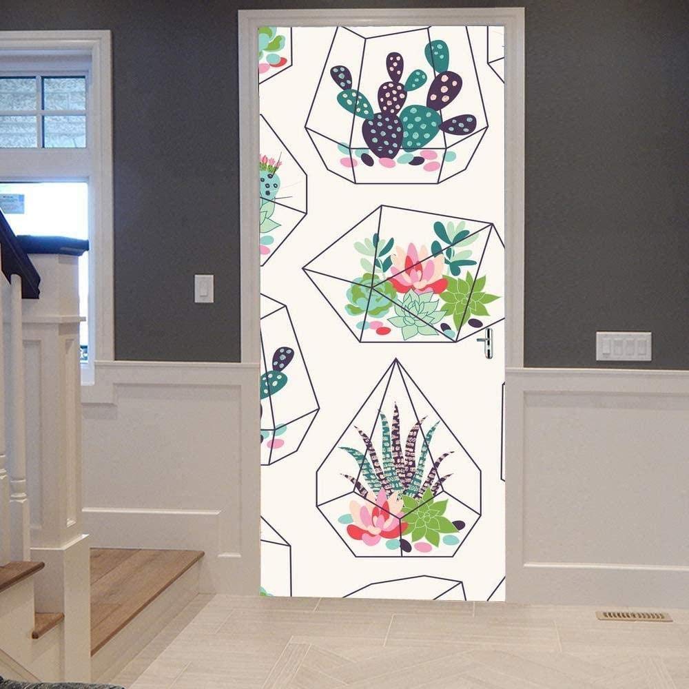 Stickers Porte Trompe Loeil Cactus Succulente Fleur Tropicale 88 X 200 Cm Sticker Porte Affiche Autocollante Effet 3D,Poster Trompe L'Œil Pour Porte Autocollants Enfants Adulte Chambre Salon - Photo