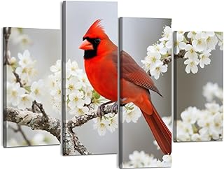 Weone Artwork 4 Panel Canvas Wall Art Northern Cardinal Stretched & Framed Art Prints Modern Painting Wall Decoration Ready to Hang Unique Designed