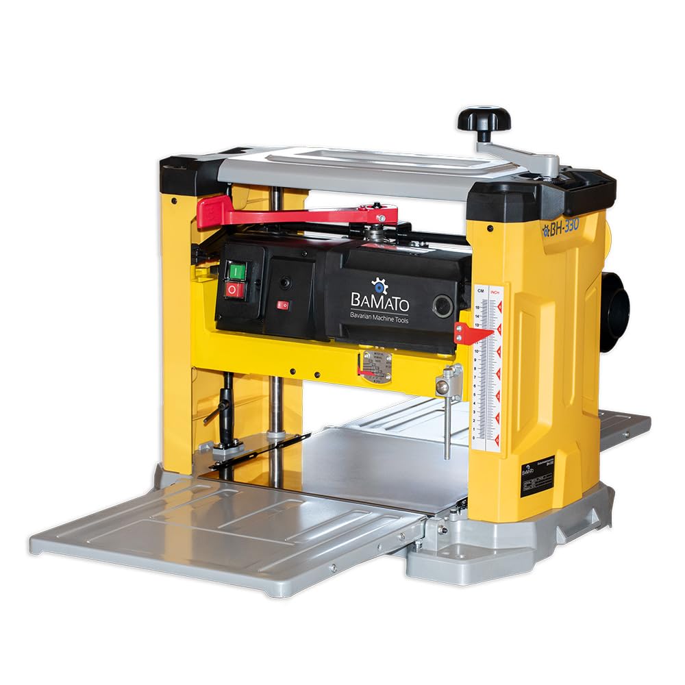 BAMATO Dickenhobelmaschine BH-330 | mit 3 Hobelmessern | 330mm Hobelbreite | neue Messerwelle | 1800 W Motor | 152mm Durchlasshöhe | Klappbare Auf-/Abnahmetische | Dickenhobel Maschine Werkstatt