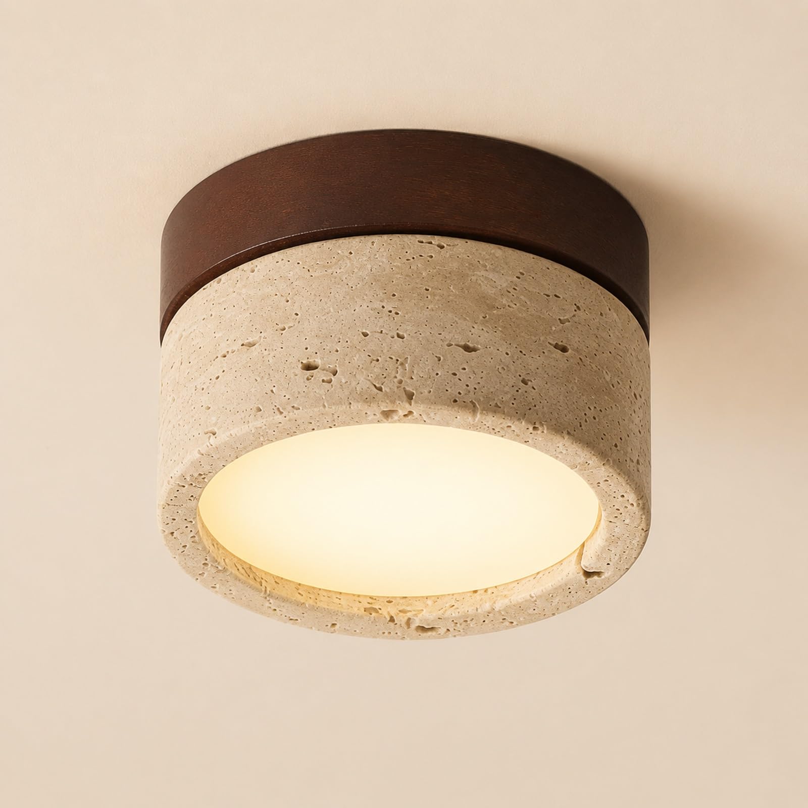 ITOSUI Natural Travertine Mini Ceiling Light Wood Flush Mount Ceiling Lamp, Japanese Style Stone Ceiling Lighting Fixture, Vintage Ceiling Lamps for Hallway Farmhouse Stairway(Walnut Color)