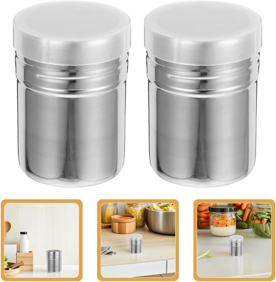 Gadpiparty 2pcs Powdered Sugar Shaker Set with Stainless Steel Fine Mesh and Lid, Silver Powder Sugar Container for Even Powder Distribution, Versatile Use in Coffee, Baking, and Cooking