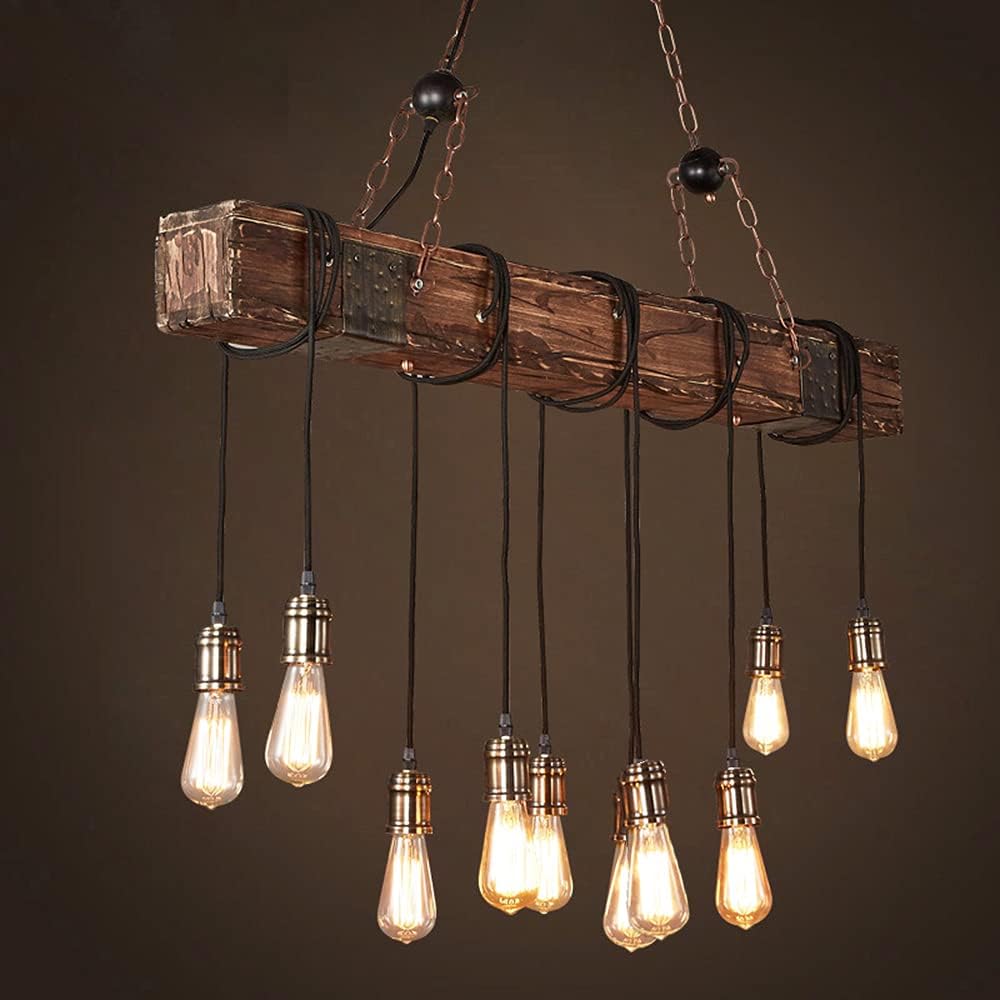 Rustic Chandelier，10-Light 44'' Rustic Retro Hanging Wood Beam Chandelier， Farmhouse Light Fixture for Kitchen Island Dining Table