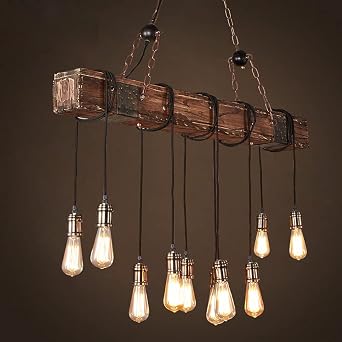 Rustic Chandelier,10-Light 44 Rustic Retro Hanging Wood Beam Chandelier, Farmhouse Light Fixture for Kitchen Island Dining Table