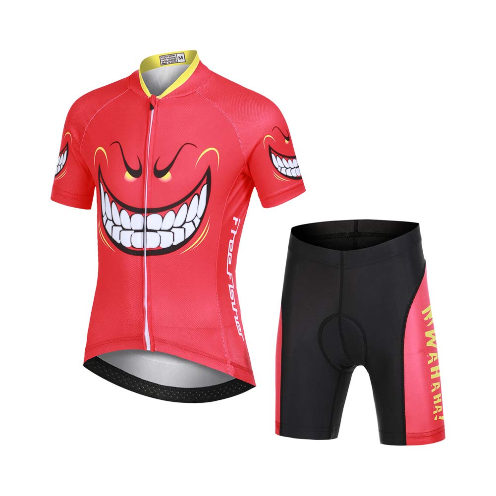 Kinder Jungen Radtrikot Set, Mädchen Radbekleidung Anzüge, Quick Dry Radsportanzug, Fahrradtrikot Kurzarm und 3D Sitzpolster Radhose, Teufel lachen, 134/140(Herstellergröße: XL)