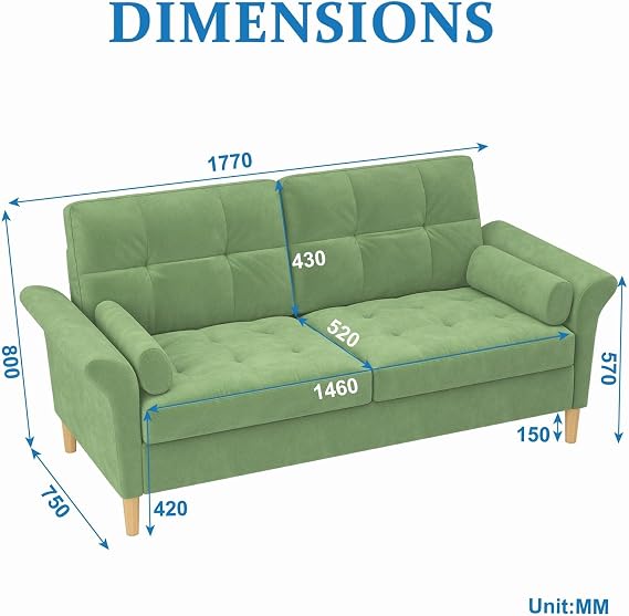 3 Seater Fabric Sofa with Tufted Back, Green