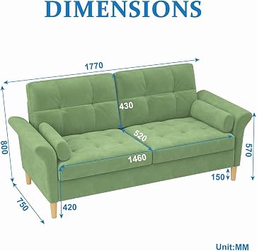 3 Seater Fabric Sofa with Tufted Back, Green