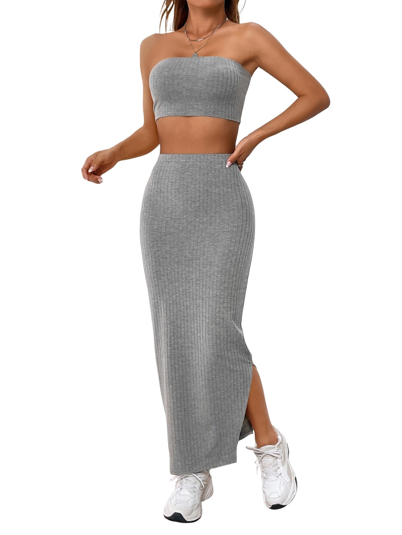Verdusa Women's 2 Piece Lounge Set Comfy Outfits Knit Tube Crop Tops and Split Midi Skirt Sets