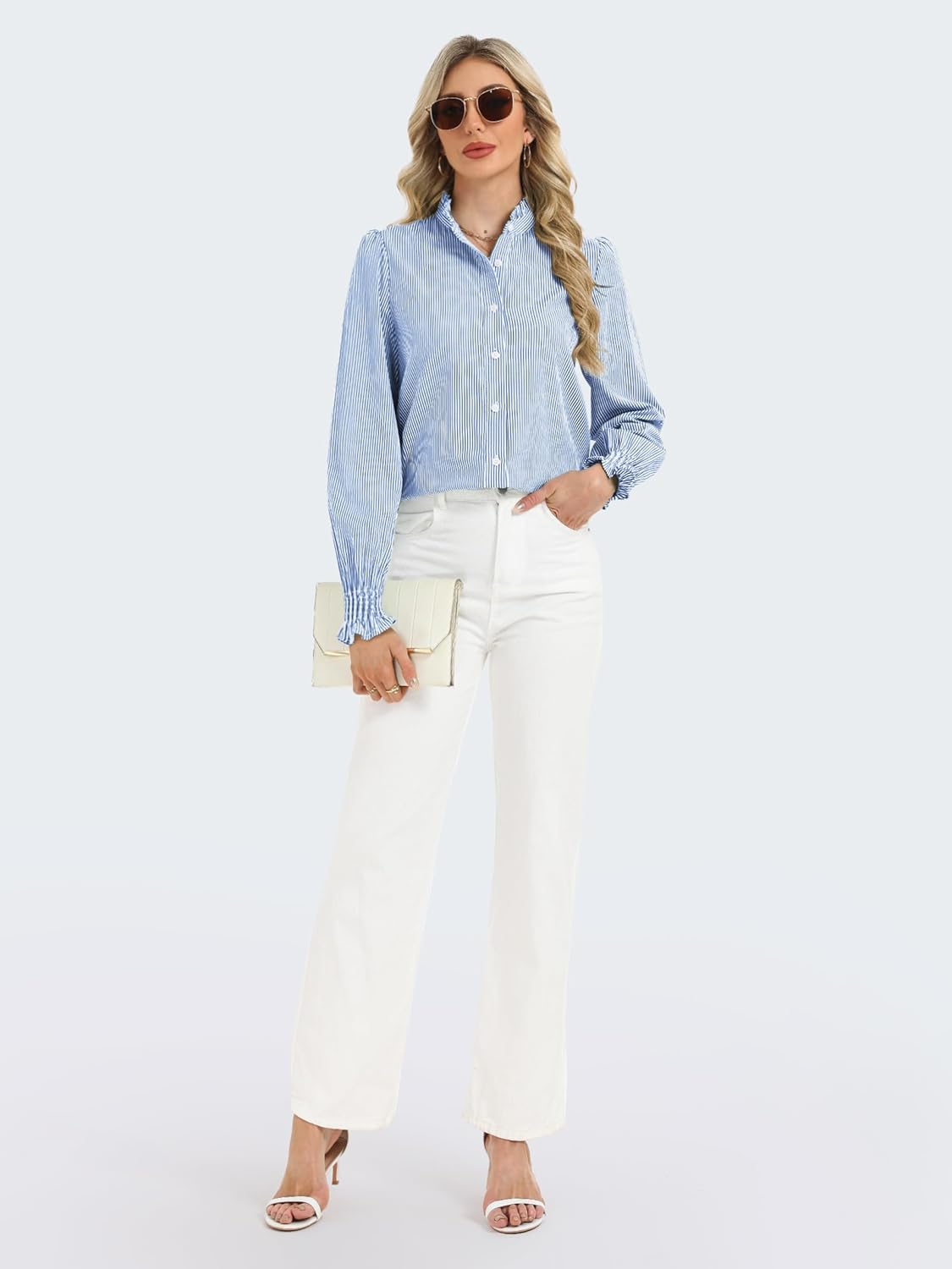 Funlingo Women's Striped Button Down Shirts Long Sleeve Smocked Cuffed Ruffle Collar Blouses Spring Work Business Casual Tops - Image 6