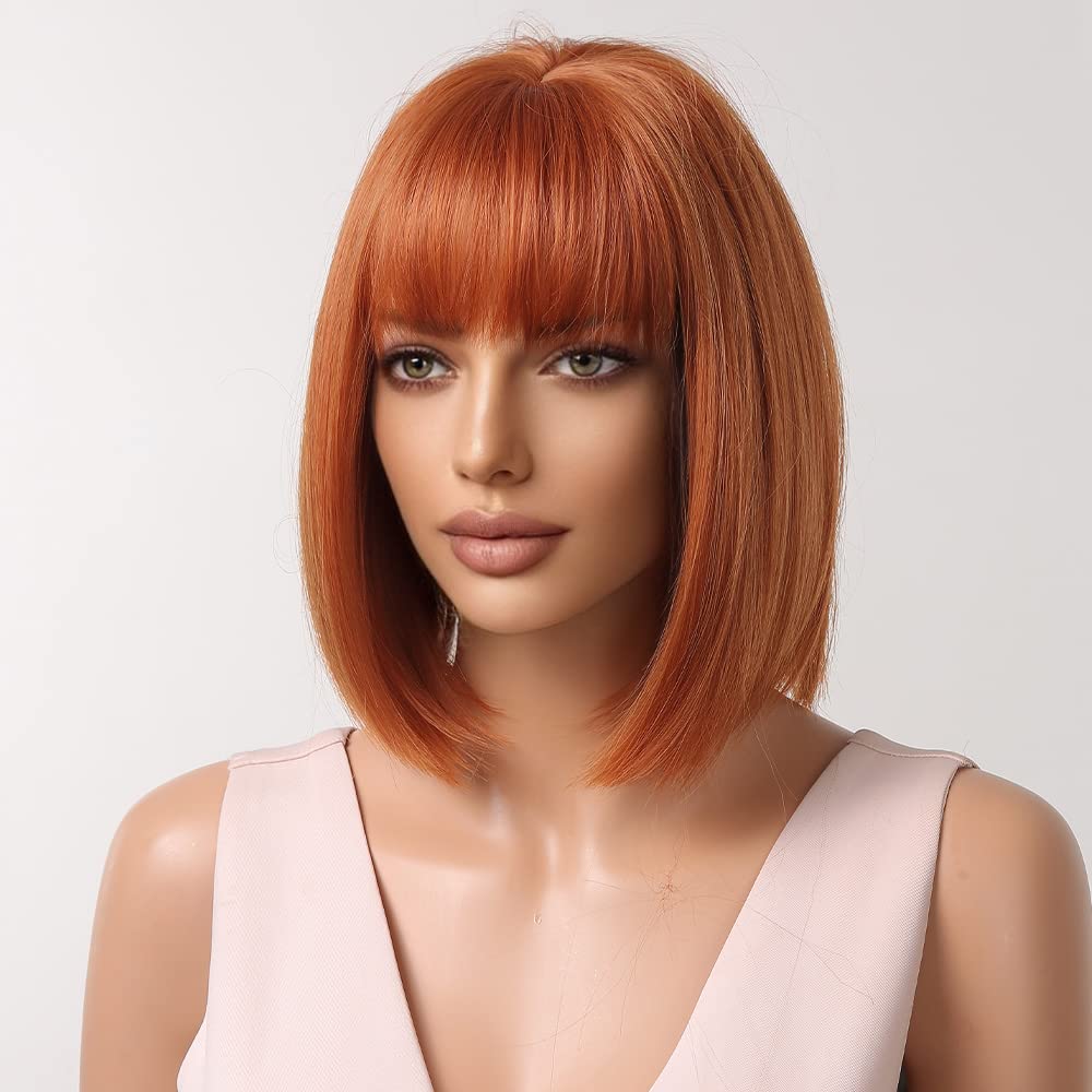 MAGQOO Auburn Red Copper Wig Women Dark Orange Bob Wigs Short Straight Dark Orange Wigs with Bangs Synthetic Heat Resistant Wig Cap Included
