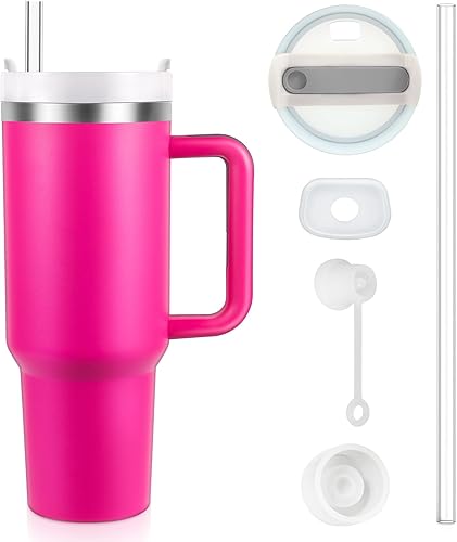 Miniatura 1 de Vaso aislado al vacío de acero inoxidable de 40 onzas con tapa y popote para agua, batidos y más, té helado o café (rosa)