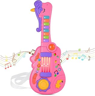 M SANMERSEN Kids Guitar Toddler Toys Guitar for Kids 3 4 5 Year Old Girls 3-in-1 Electric Guitars with Piano Drum Toddler Musical Toy with Strap Light Up Boys Girls Birthday Christmas Easter Gifts