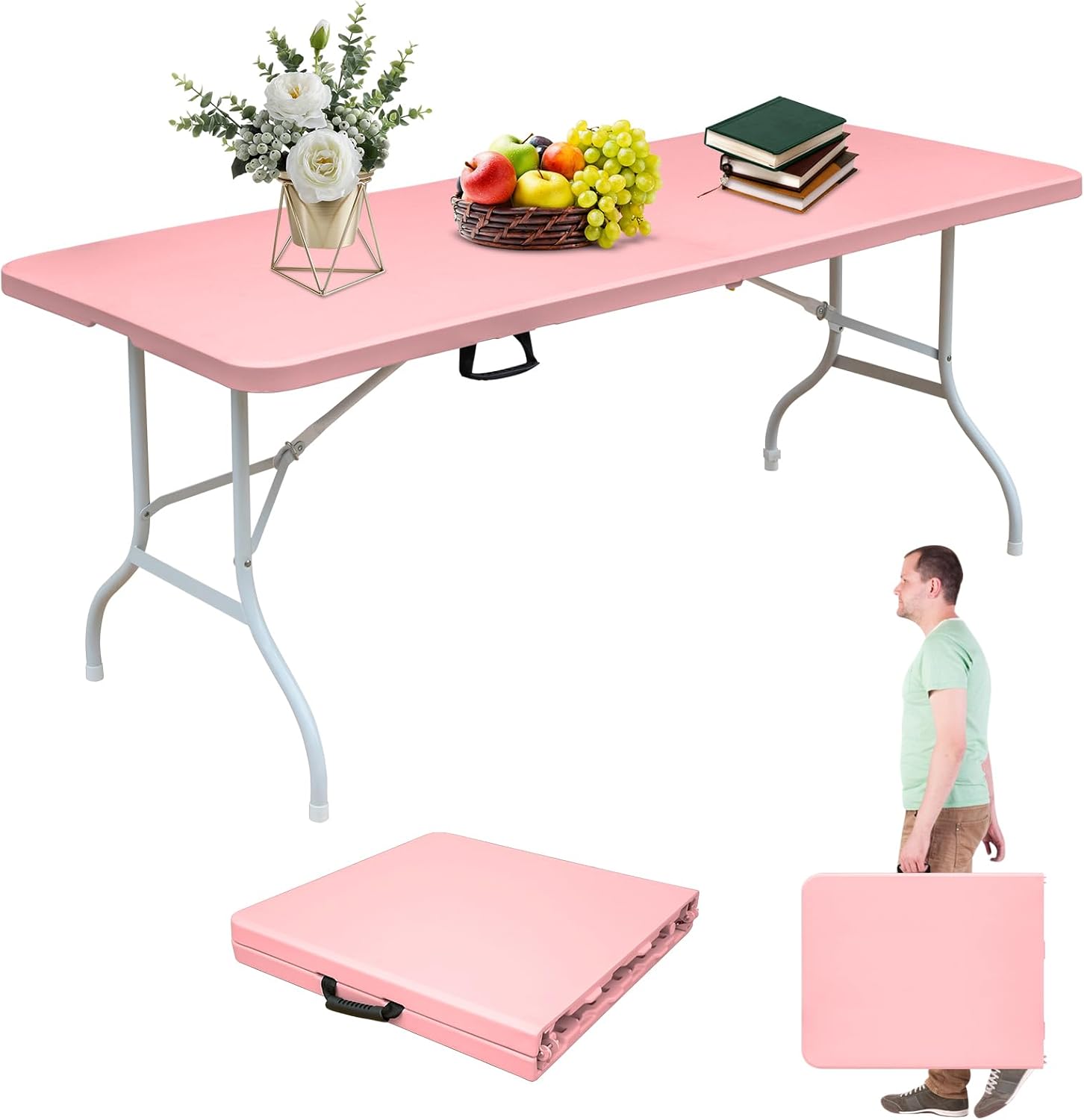 Portable 6Ft Folding Table, Heavy Duty Plastic Fold-in-Half Utility Foldable Dining Table, Multi-Purpose Plastic Folding Table with Carrying Handle for Camping and Party Indoor/Outdoor (Pink) 6Ft Pink