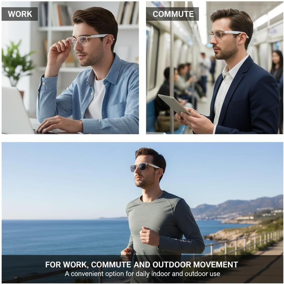 Bluetooth Audio Glasses, Open-Ear Eyewear with Color-Changing Lenses, Hands-Free Calls, Music and Voice Assistant, Lightweight Indoor and Outdoor Glasses for Men and Women