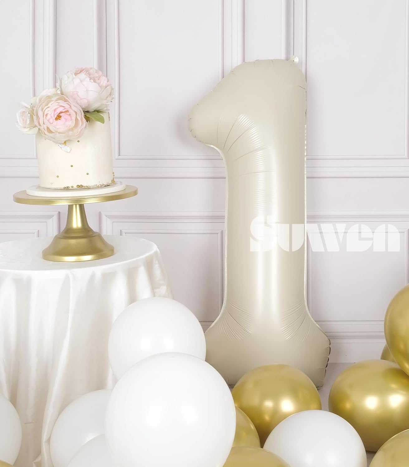 SUWEN 40 Inch Cream White Large 1 Balloon Numbers Big Foil Helium Number Balloons 0-9 Jumbo Happy 1st Mylar Birthday Party Decorations for Boy or Girl Anniversary Party Supplies - Image 2