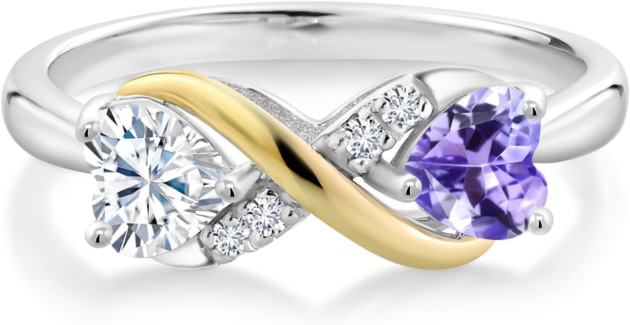 Moissanite and Gemstone Birthstone Eternal Love Infinity Ring for Women with Lab Grown Diamond Accent | 925 Silver 10K Yellow Gold | Heart 5MM & Round 1.3MM | Two-Tone Wedding Anniversary Promise Ring