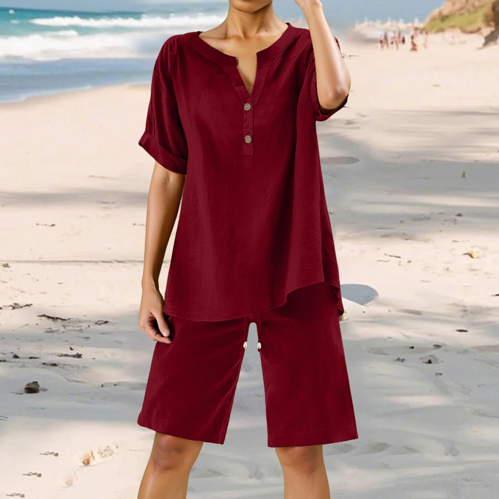 XINGJIAARTS 2 Piece Sets For Women Summer 2025 Casual Button V Neck Short Sleeve Shirts Cotton Linen Sets Outfits Shorts