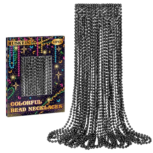 12 collares de cuentas negras, cuentas de Mardi Gras de 33 pulgadas a granel, juego de cosas redondas metálicas negras de Halloween, accesorios para desfile de festivales, regalos de fiesta de