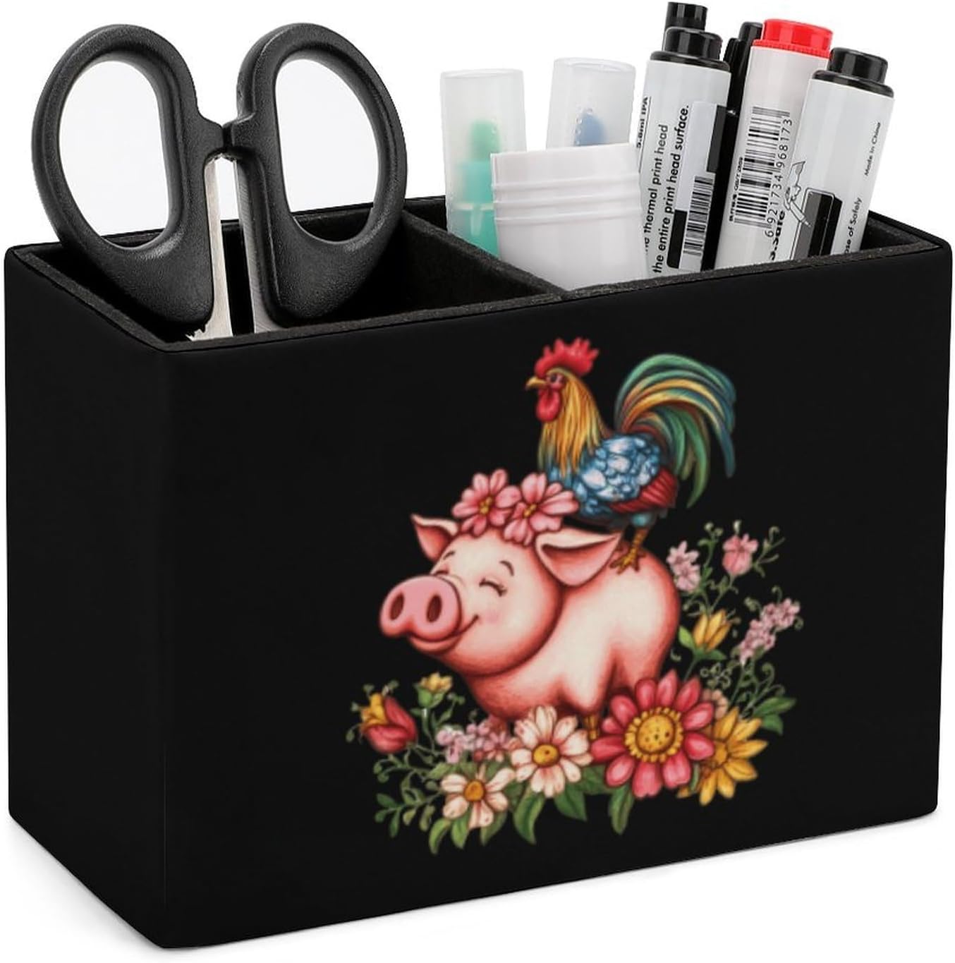 Rooster Pigs Flowers Pencil Pen Holder PU Leather Desk Storage Organizer Makeup Brush Box