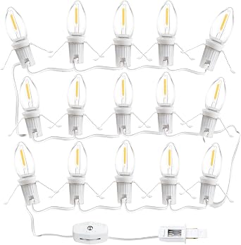 Christmas Village Lights 17.7 FT with C7 White Accessory Cord with 15 LED Light Bulbs and Outlet Warm White for Christmas Halloween Pumpkins Village Houses Craft Decoration