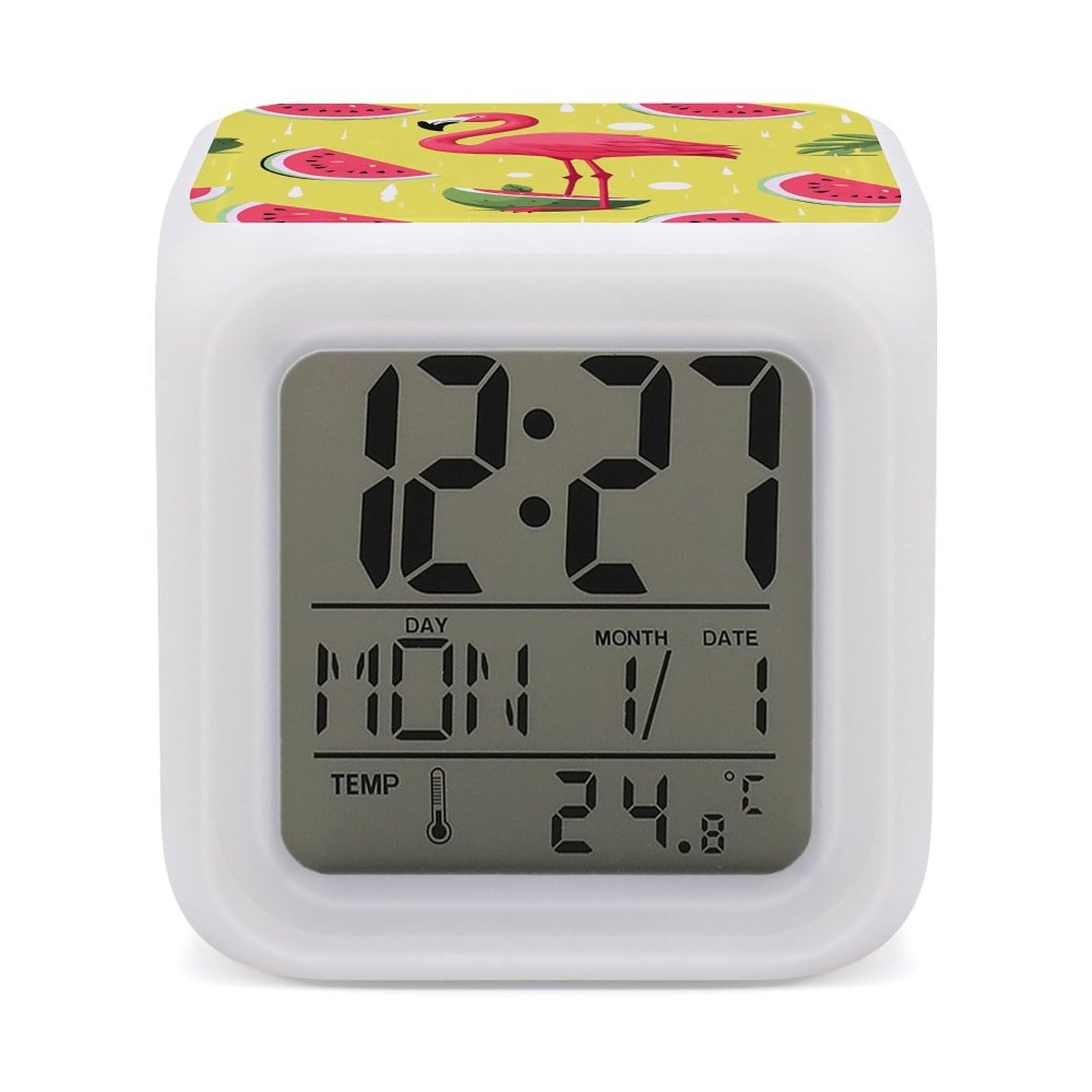 Pink Flamingo And Watermelon Alarm Clock for Heavy Sleepers Small Digital Alarm Clock with Date Temperature Wake Up Digital Clocks with 7 Colors Changing Desk Clocks for Bedroom Bedside Nightstand