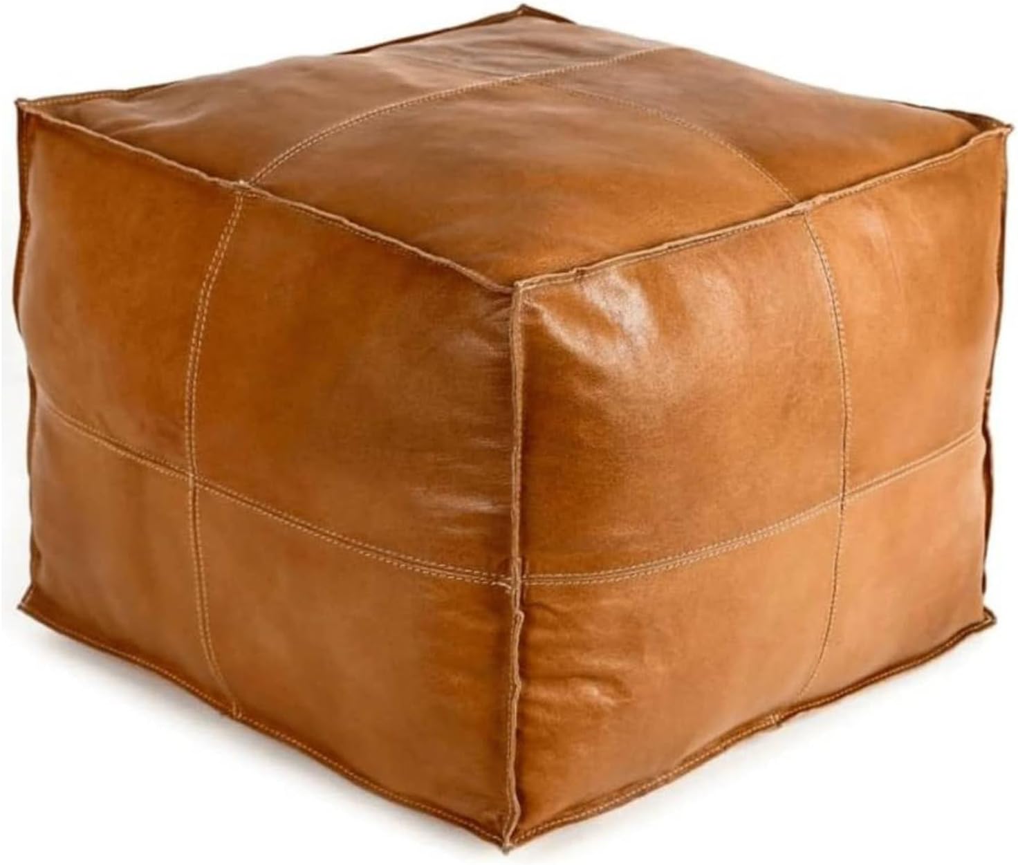 Moroccan Square Brown Leather Pouf, Handmade Genuine Leather Ottoman & Hassock, Unstuffed Pouf Bohemian Living Room Decor (14D × 14W × 14H)