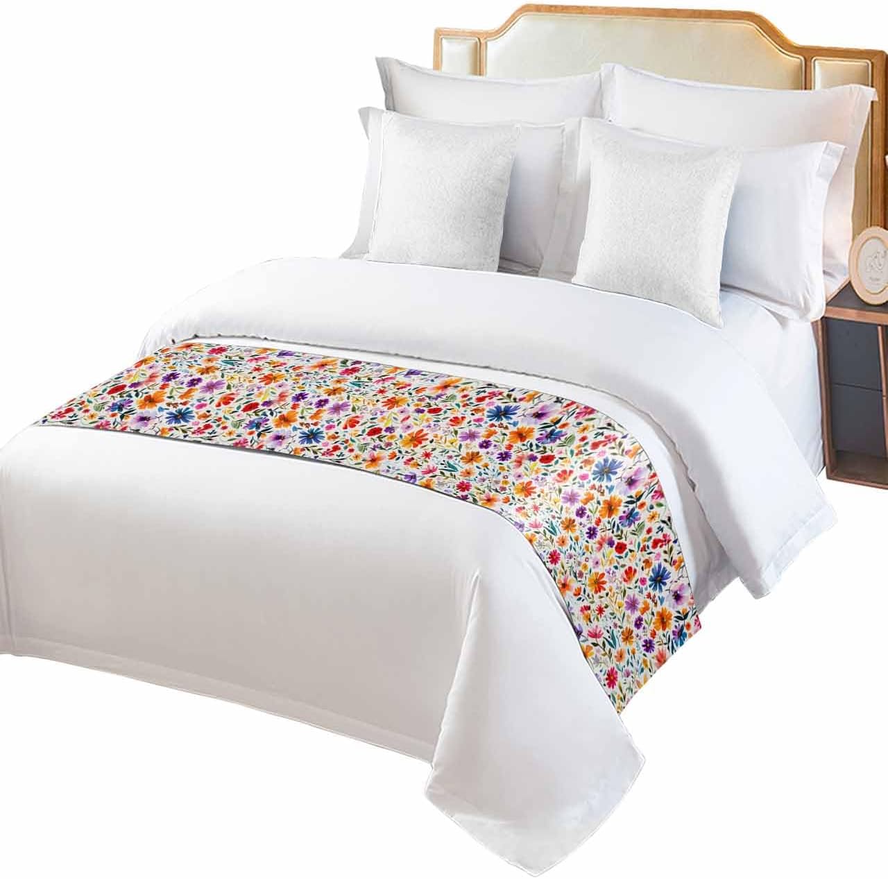 Watercolor Farmhouse Wildflower Bed Runners&Scarves 94"x20" Decorative Bedding Scarf Pastoral Colorful Flower Luxury Bed Runner Protector Decorations for Bedroom Hotel Wedding