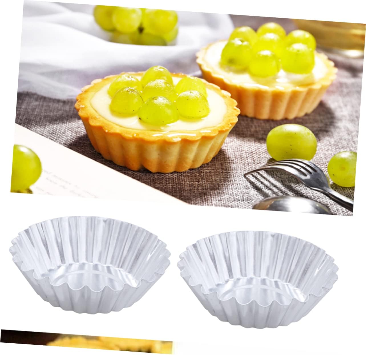 Garneck 50pcs Nonstick Aluminum Alloy Egg Tart Molds Flower Shape Tartlets Pans for Baking Muffins Reusable Cupcake Cups Silver Finish for Egg Tarts and Desserts