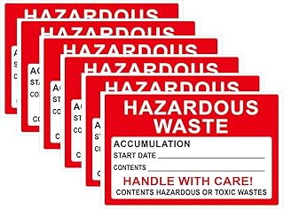 Hazardous Waste Container Label with Handle with Care, 4x6", 25 Pack, White/Black and Red Label, Contains Hazardous Or Toxic Wastes Warning, Vinyl, Waterproof