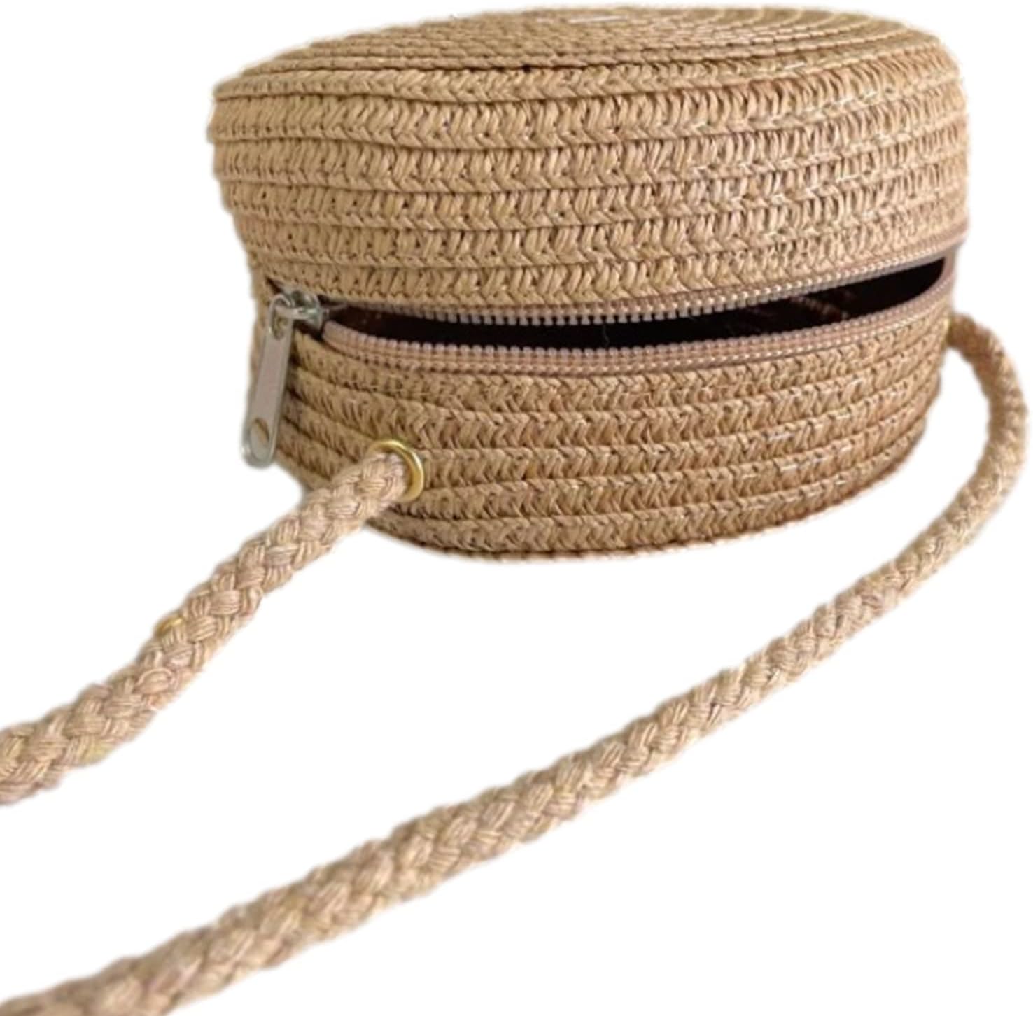 ANUFER Handmade Round Straw Bag Crossbody Shoulder Bag Bohemian Beach Bag with Zipper