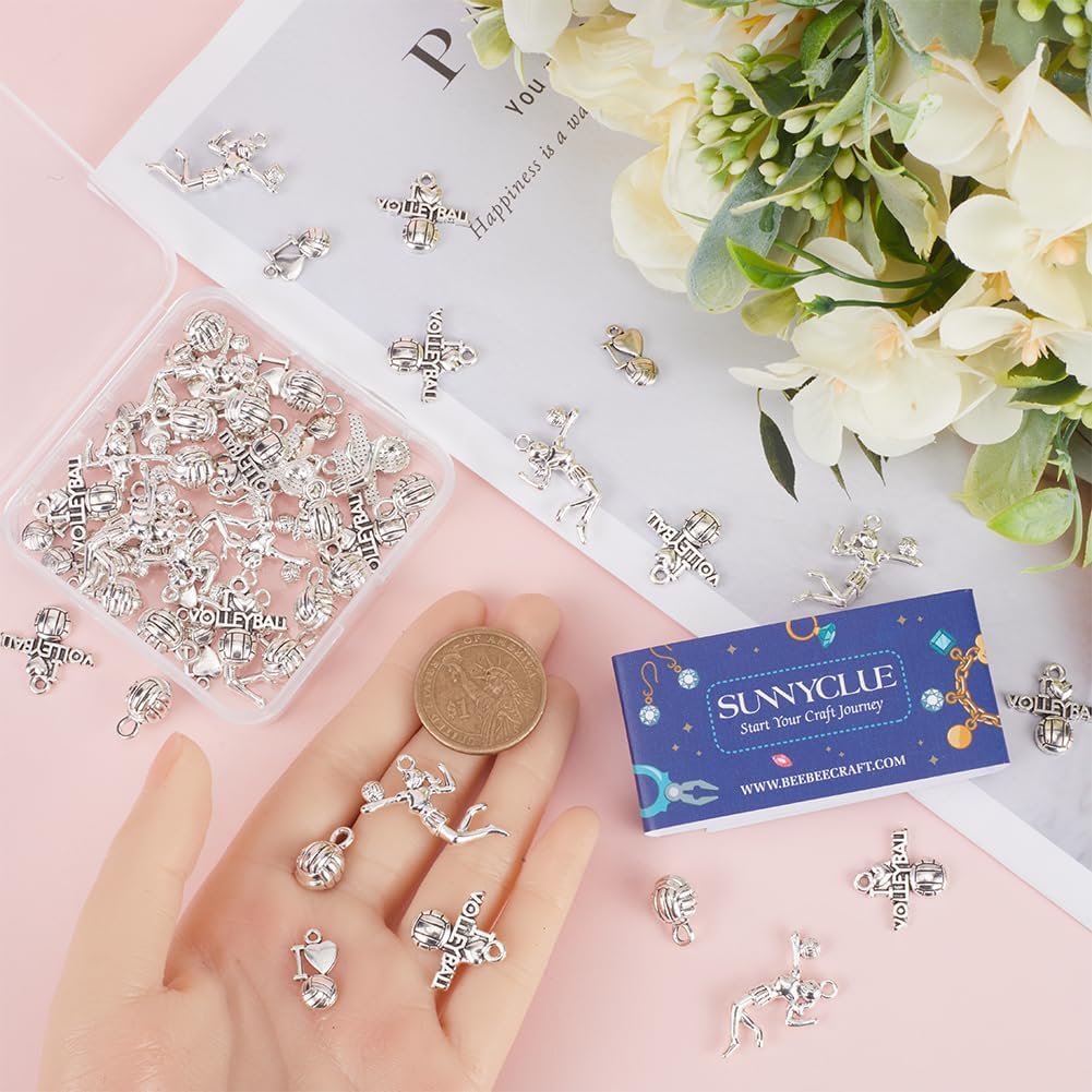 SUNNYCLUE 1 Box 64Pcs Volleyball Charms Bulk Sport Charms Sports Charm Tibetan Style Antique Silver I Love Volleyball Charm 3D Ball Bead Charm Women's Volleyball Game Charm for Jewelry Making Charms - Image 3